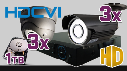 monitoring HDCVI 3x kamera ESDR-CV1220/2.8-12, 3x kamera ESBR-CV1220/2.8-12, rejestrator PR-HCR5108, dysk 1 TB, akcesoria