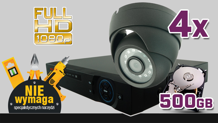 monitoring HDCVI, 4x kamera ESDR-2084, rejestrator 4-kanałowy PR-HCR5104, dysk 500GB, akcesoria