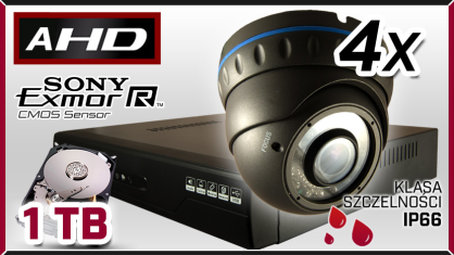 Monitoring AHD 4x kamera AHD-907, rejestrator AHD-04CH, dysk 1TB, akcesoria