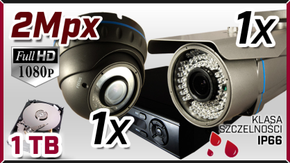 monitoring AHD 1x kamera AHD-907, 1x kamera AHD-710, rejestrator HD-AHD-08CH, dysk 1TB, akcesoria