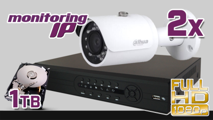 monitoring IP, FullHD, Rejestrator IP PR-NVR0405, 2x kamera DH-IPC-HFW1220SP, dysk 1TB, akcesoria