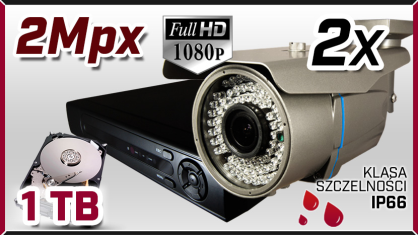monitoring 2x kamera AHD-710, rejestrator HD-AHD-08ch, dysk 1TB, akcesoria