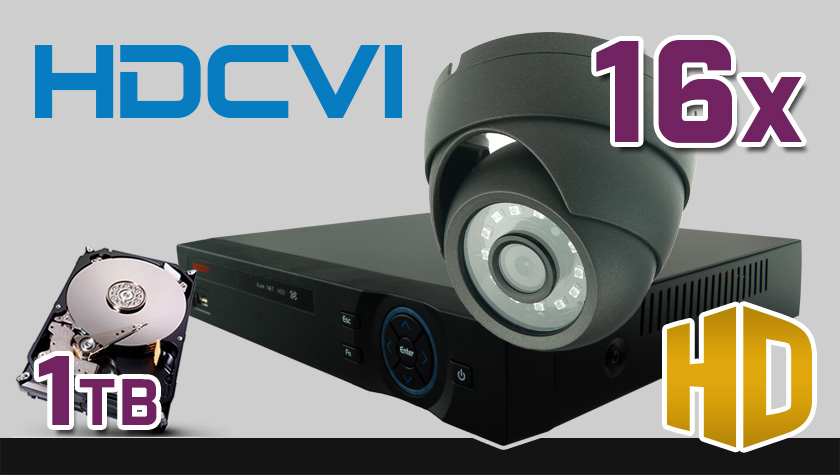 monitoring HDCVI 16x kamera ESDR-1084, rejestrator PR-HCR5216, dysk 1TB, akcesoria