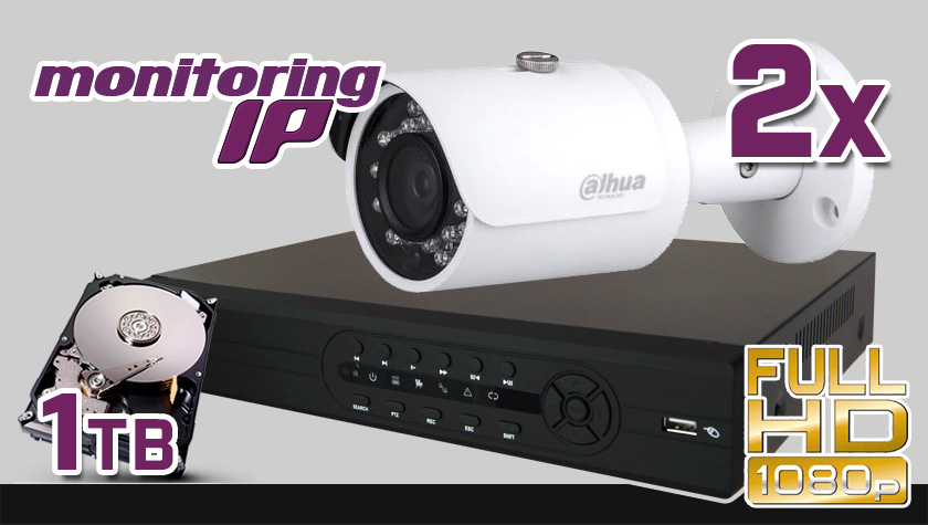 monitoring IP, FullHD, Rejestrator PR-NVR-0402mini, 2x kamera DH-IPC-HFW1220SP, dysk 1TB, akcesoria