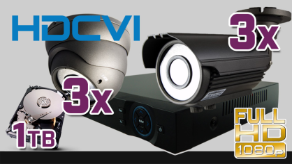 monitoring HDCVI 3x kamera ESDR-CV1220/2.8-12", 3x kamera ESBR-CV1220/2.8-12", rejestrator PR-HCR5108, dysk 1TB, akcesoria