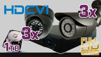monitoring HDCVI 3x kamera ESDR-CV1020", 3x kamera ESBR-CV1620", rejestrator PR-HCR5108, dysk 1TB, akcesoria