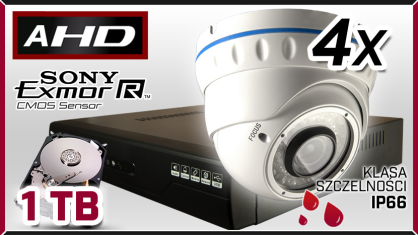 Monitoring 4x kamera AHD 907-B, rejestrator AHD-04CH, dysk 1TB, akcesoria