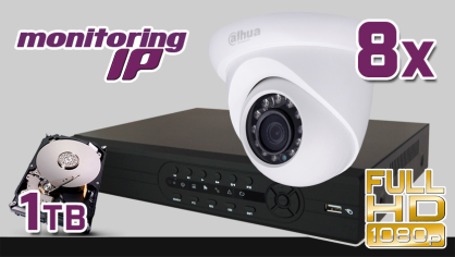 monitoring IP, FullHD, Rejestrator IP PR-NVR0805, 8x kamera IP DH-IPC-HDW1220SP, dysk 1TB, akcesoria