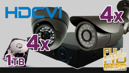 monitoring HDCVI 4x kamera ESDR-CV1020", 4x kamera ESBR-CV1620", rejestrator PR-HCR5108, dysk 1TB, akcesoria