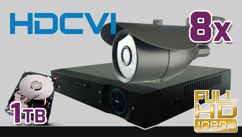 monitoring HDCVI, 8x kamera ESBR-2084, rejestrator 8-kanałowy HDCVI PR-HCR5108, dysk 1TB, akcesoria