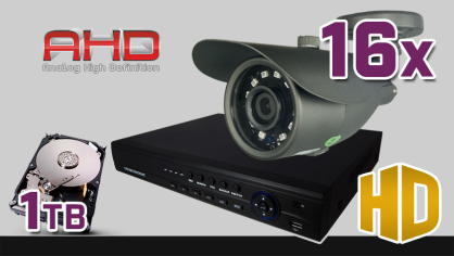 monitoring AHD, 16x kamera ESBR-1084, rejestrator cyfrowy AHD 16-kanałowy ES-AHD7016, dysk 1TB, akcesoria