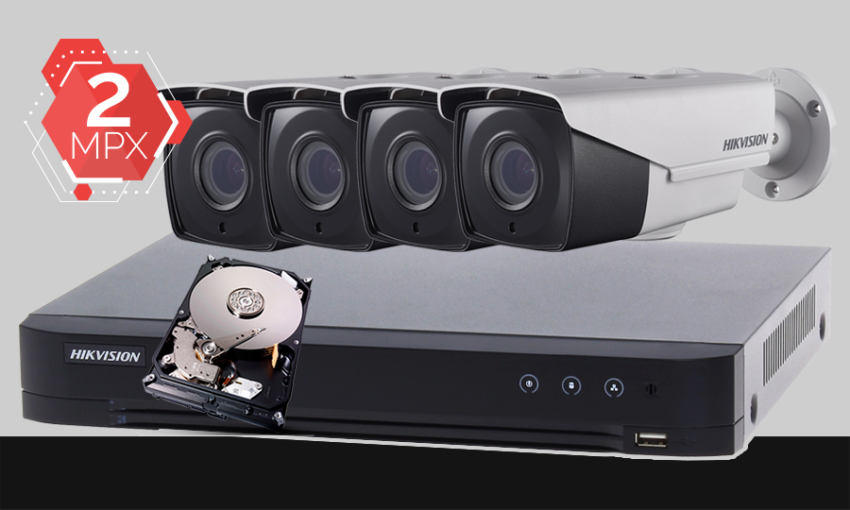 monitoring Hikvision PoC, 4x kamera Full HD DS-2CE16D8T-IT3ZE, rejestrator DS-7204HQHI-K1/P, dysk twardy 1TB, akcesoria do monitoringu