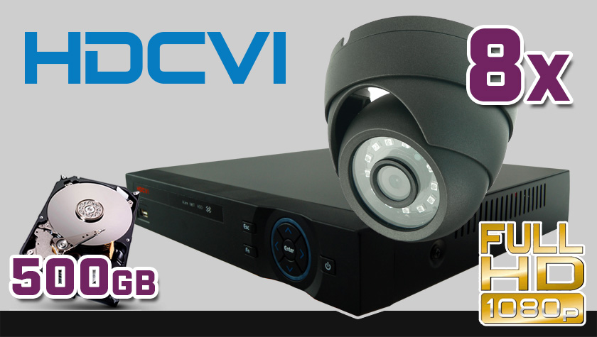 monitoring HDCVI, 8x kamera ESDR-2084, rejestrator 8-kanałowy HDCVI PR-HCR5108, dysk 500GB, akcesoria