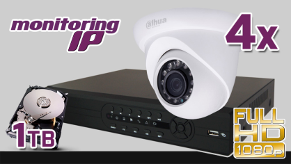 monitoring IP, FullHD, Rejestrator PR-NVR-0402mini, 4x kamera DH-IPC-HDW1220SP, dysk 1TB, akcesoria