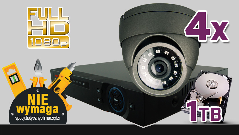 monitoring HDCVI, 4x kamera ESDR-2084, rejestrator 4-kanałowy PR-HCR5104, dysk 1TB, akcesoria