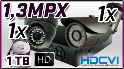 monitoring HDCVI 1x kamera ESDR-CV1020, 1x kamera ESBR-CV1620, rejestrator PR-HCR2104, dysk 1TB, akcesoria