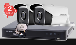 monitoring Hikvision PoC, 2x kamera Full HD DS-2CE16D8T-IT3E, rejestrator DS-7204HQHI-K1/P, dysk twardy 1TB, akcesoria do monitoringu