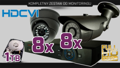 monitoring HDCVI 8x kamera ESDR-CV1020", 8x kamera ESBR-CV1620", rejestrator PR-HCR5216, dysk 1TB, akcesoria