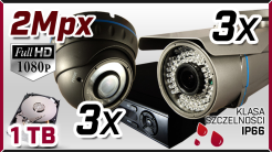 monitoring AHD 3x kamera AHD-907, 3x kamera AHD-710, rejestrator HD-AHD-08CH, dysk 1TB, akcesoria