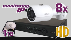 monitoring IP, Rejestrator IP PR-NVR0805, 8x kamera IP DH-IPC-HFW1120S, dysk 1TB, akcesoria