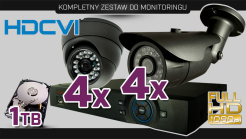 monitoring HDCVI 4x kamera ESDR-CV1020", 4x kamera ESBR-CV1620", rejestrator PR-HCR5216, dysk 1TB, akcesoria