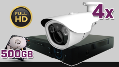 monitoring Full HD, 4x kamera ESBR-1504/2,8-12IR70, rejestrator cyfrowy 4-kanałowy PR-HCR5104, dysk 500GB, akcesoria