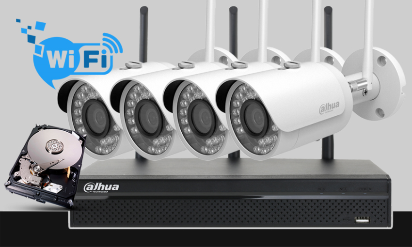 monitoring bezprzewodowego WiFi, 4x kamera WiFi IPC-HFW1235SP-W-0280B, rejestrator cyfrowy 4-kanałowy NVR2104HS-W-4KS2, dysk 1TB, akcesoria