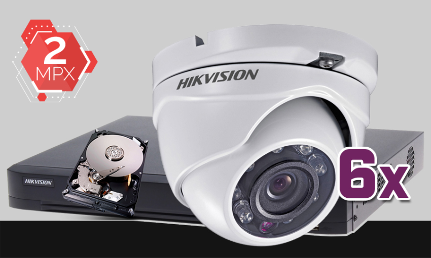 monitoring Turbo HD Hikvision, 6x kamera Full HD DS-2CE56D0T-IRM, rejestrator DS-7208HUHI-K2, dysk twardy 1TB, akcesoria do monitoringu