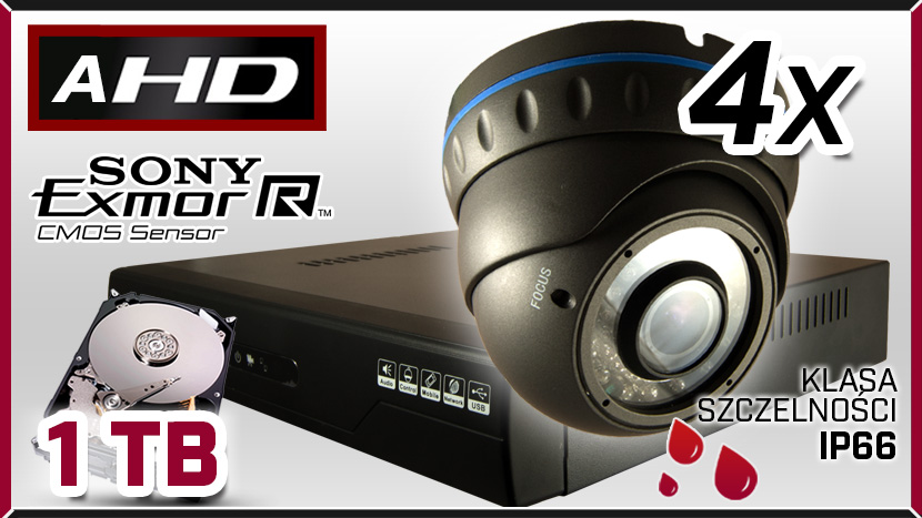 Monitoring AHD 4x kamera AHD 907, rejestrator AHD-04CH, dysk 1TB, akcesoria