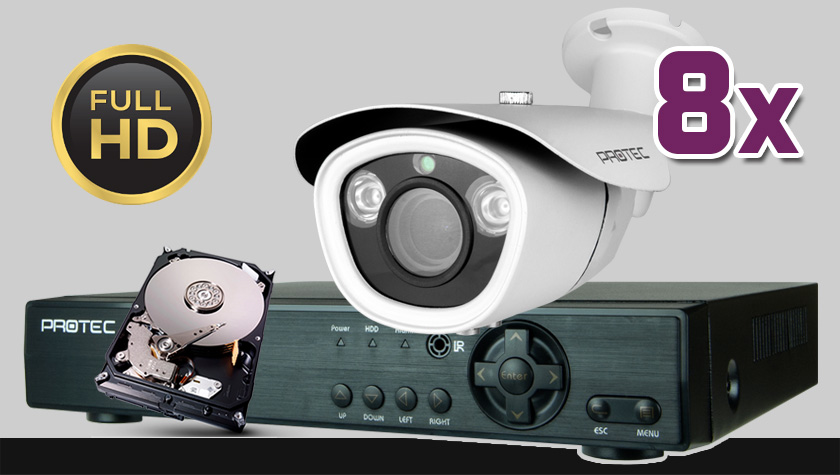 monitoring Full HD, 8x kamera ESBR-1504/2,8-12IR70, rejestrator cyfrowy 8-kanałowy ES-XVR7908, dysk 1TB, akcesoria
