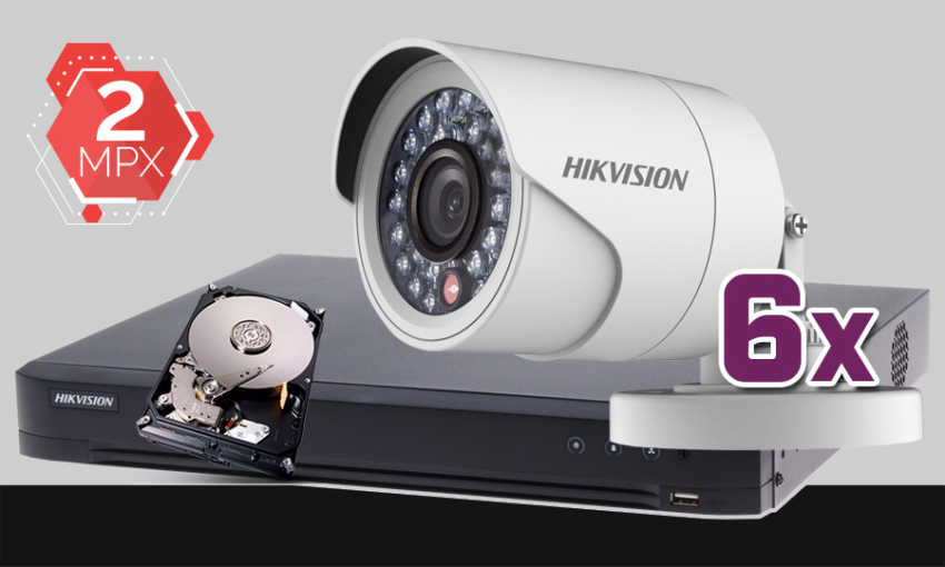 monitoring Turbo HD Hikvision, 6x kamera Full HD DS-2CE16D0T-IR, rejestrator DS-7208HUHI-K2, dysk twardy 1TB, akcesoria do monitoringu