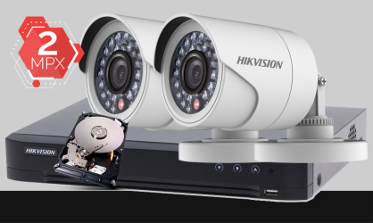 monitoring Turbo HD Hikvision, 2x kamera Full HD DS-2CE16D0T-IR, rejestrator DS-7204HUHI-K1, dysk twardy 1TB, akcesoria do monitoringu
